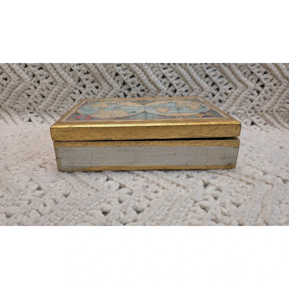 Vintage Italian Gold Leaf Wood Trinket Box World Map Florentine Made in Italy